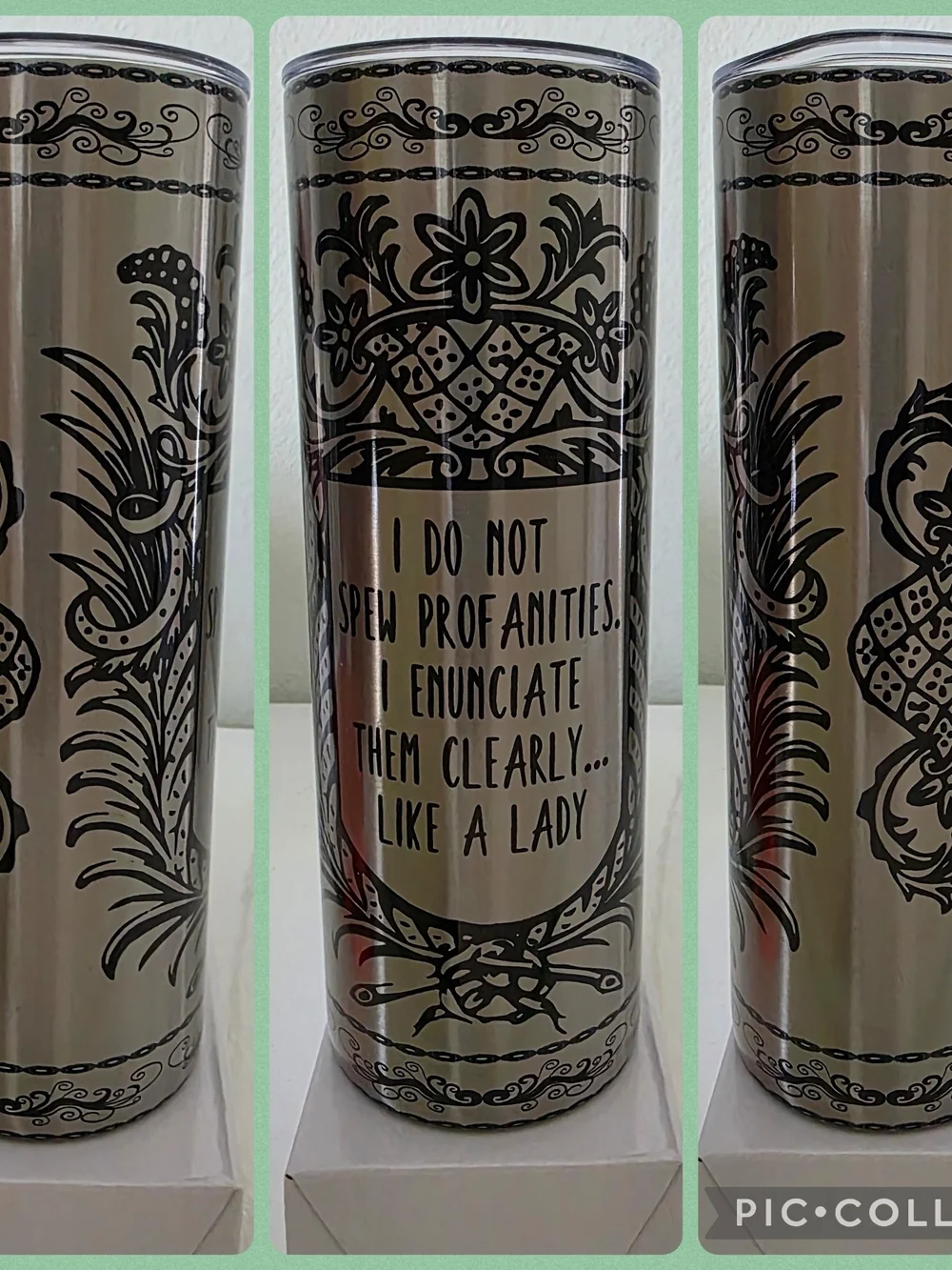 Silver Stainless Travel Tumbler with Black Script Floral Design